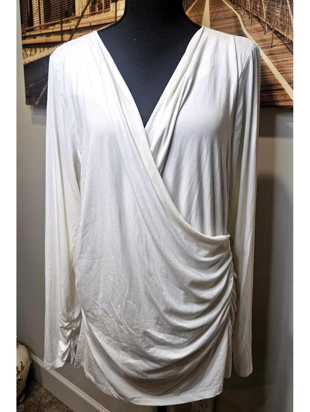 Elie Tahari White Draped Long Sleeve V-Neck Top Size XL
